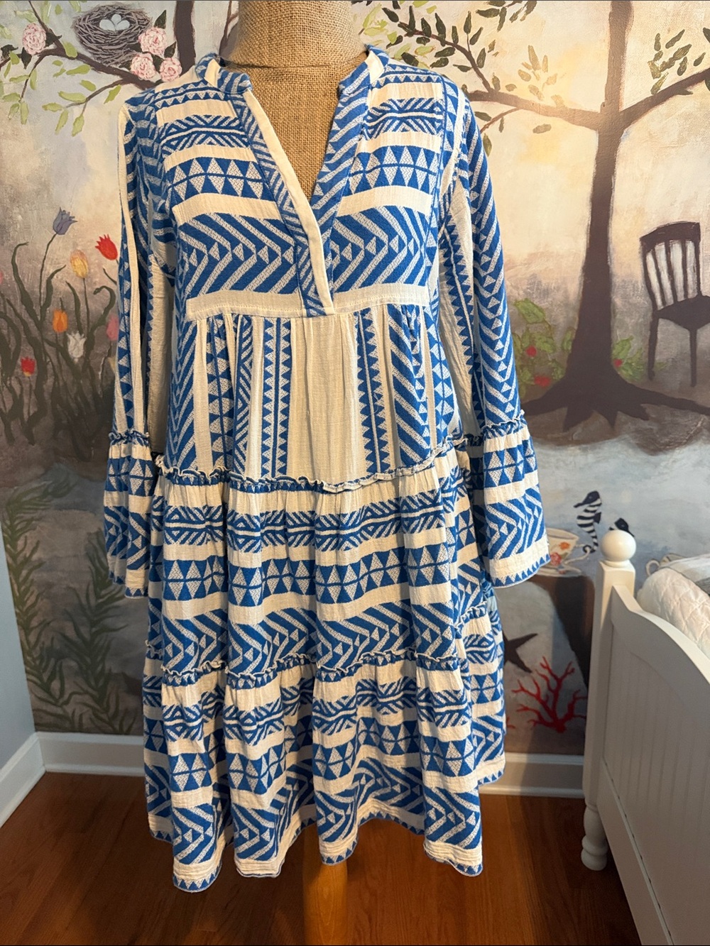 Devotion TWINS Blue and Cream Printed Long-Sleeve Tiered Dress